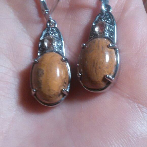 Script Stone and Brazilian Citrine Stainless Steel Lever Back Earrings - Picture 6 of 11